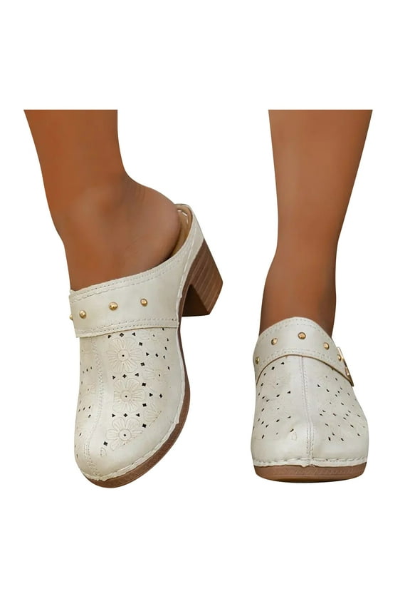 Women High Heel Clogs with Arch Support 2026 Closed Toe Wide Width Slip on Slides Comfortable Indoor Outdoor Mule Walking Shoes White 6