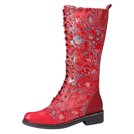 Dakaela Women Knee High Boots Lace up Embroidery Combat Boot Leather Wide Mid Calf Winter Booties