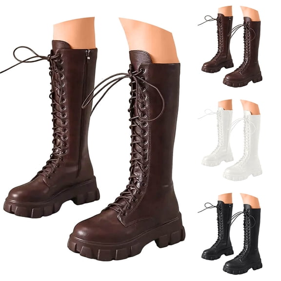 Dakaela Women Knee High Boots Strappy Lace up Platform Wide Calf Boots 2025 Fashion Military Combat Fall Winter Boot Black 7.5