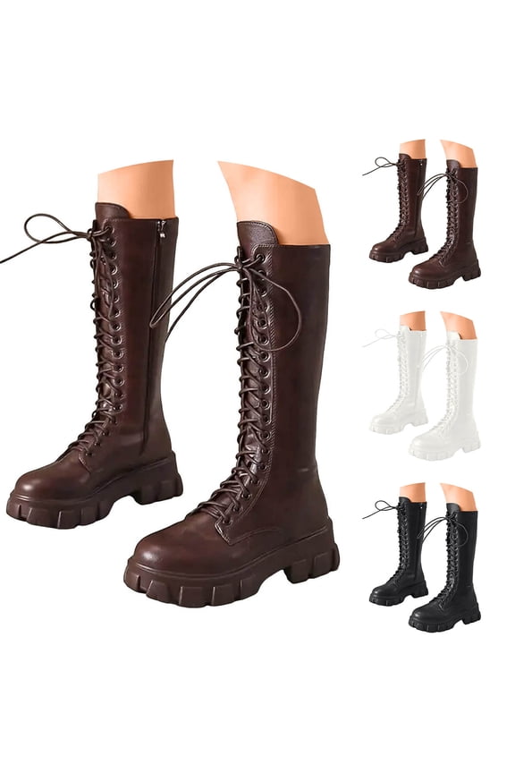 Women Knee High Boots Strappy Lace up Platform Wide Calf Boots 2025 Fashion Military Combat Fall Winter Boot Black 8