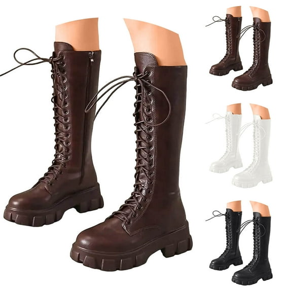 Dakaela Women Knee High Boots Strappy Lace up Platform Wide Calf Boots 2025 Fashion Military Combat Fall Winter Boot Black 9