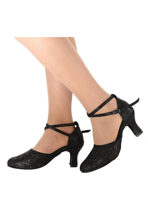 Women Latin Dance Shoes Closed Toe Rhinestone Salsa Tango Ballroom Dancing Heeled Pumps Black 7