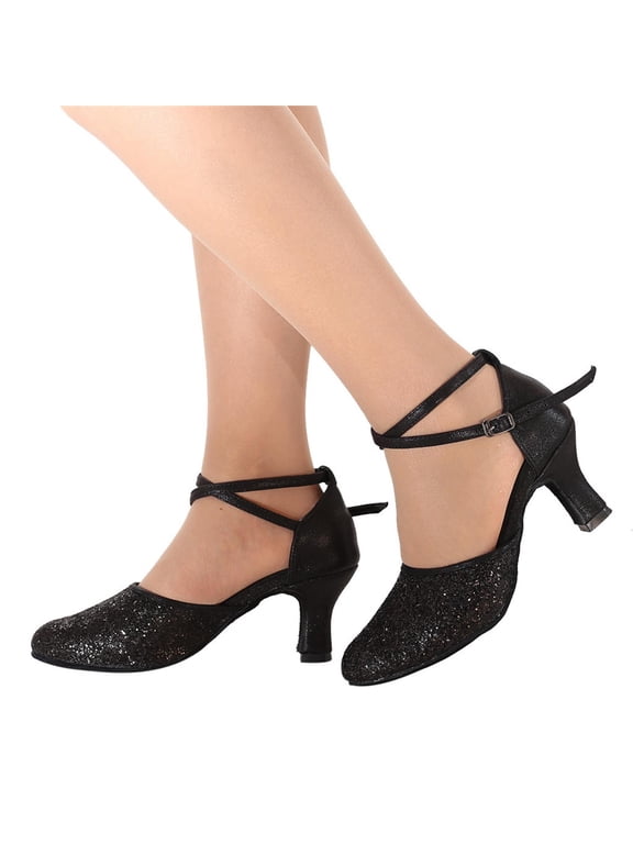 Women Latin Dance Shoes Closed Toe Rhinestone Salsa Tango Ballroom Dancing Heeled Pumps Black 7