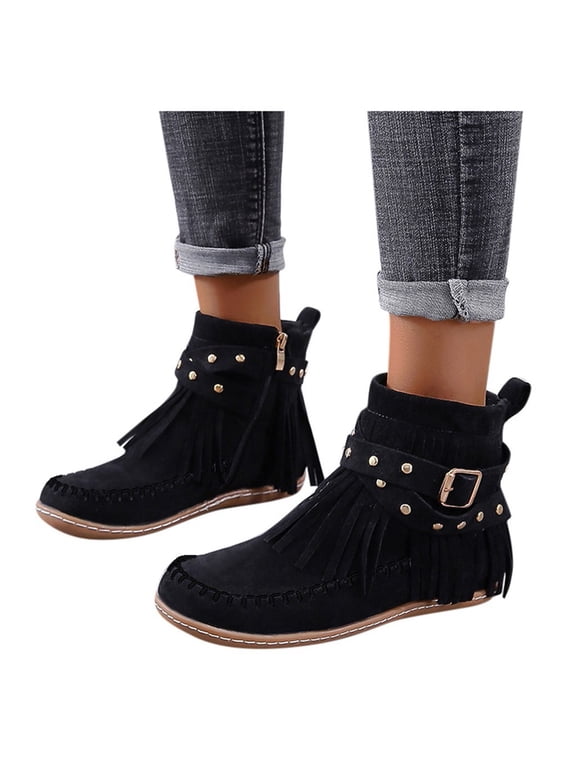 Women Moccasin Fringe Ankle Boots Boho Western Studded Suede Flat Casual Fall Short Booties with Adjustable Buckle Strap Size 6-10