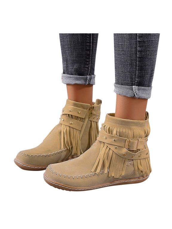Women Moccasin Fringe Ankle Boots Boho Western Studded Suede Flat Casual Fall Short Booties with Adjustable Buckle Strap Size 6-10