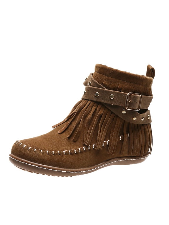 Women Moccasin Fringe Ankle Boots Boho Western Studded Suede Flat Casual Fall Short Booties with Adjustable Buckle Strap Size 6-10