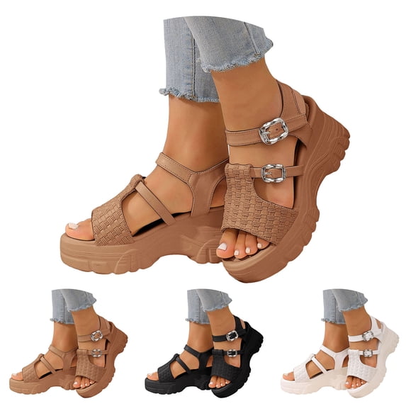 Dakaela Women Open Toe Walking Sandals Fashion Wedge Platform Heels Comfortable Summer Beach Shoes with Adjustable Ankle Strap Beige 6.5