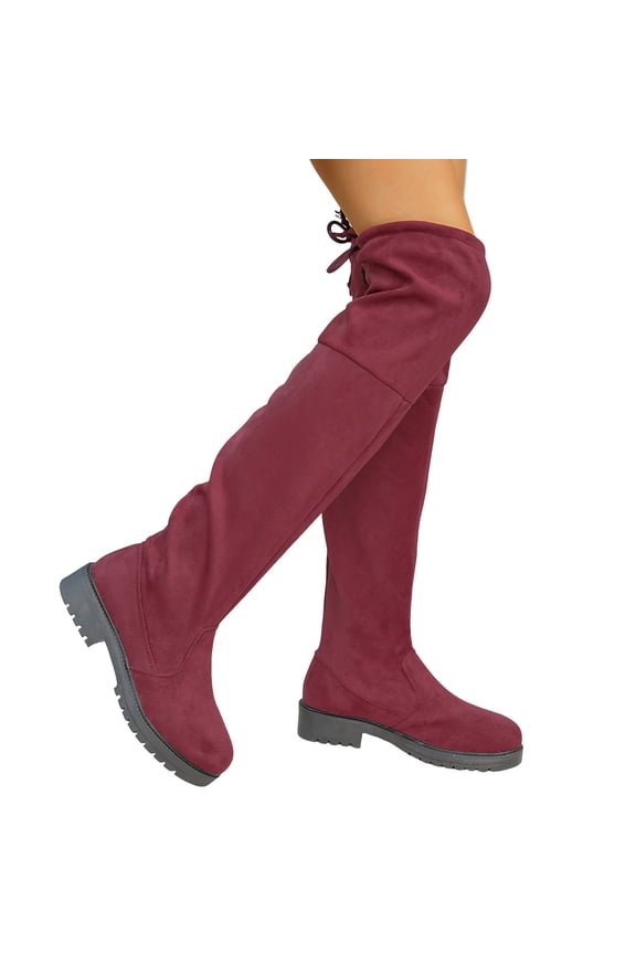 Women Over The Knee Boots Suede Block Heel Winter Thigh High Boots Comfort Platform Stretch Sexy Tall Boot Wine Size 7
