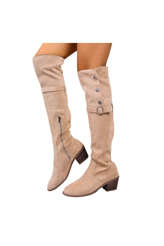 Women Over the Knee Boots Khaki Suede Thigh High Long Boots Chunky Low Heel Stretch Sexy Riding Winter Shoes