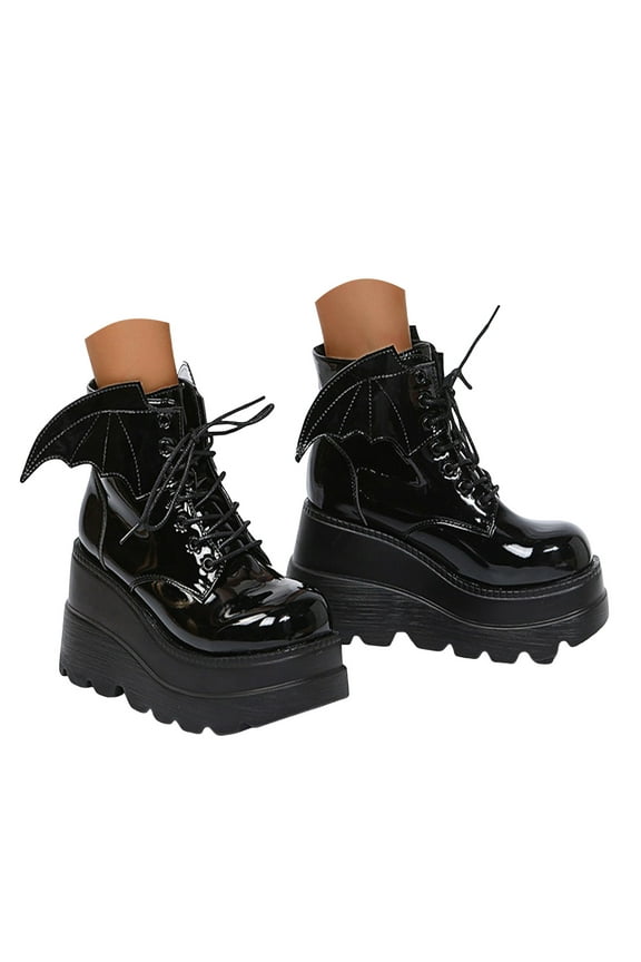 Women Platform Ankle Boots Gothic Wedge Mary Jane Halloween Bat Dress Pumps Party Punk Shoes
