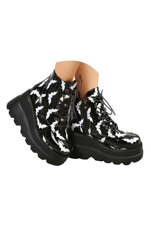 Women Platform Ankle Boots Gothic Wedge Mary Jane Halloween Bat Dress Pumps Party Punk Shoes