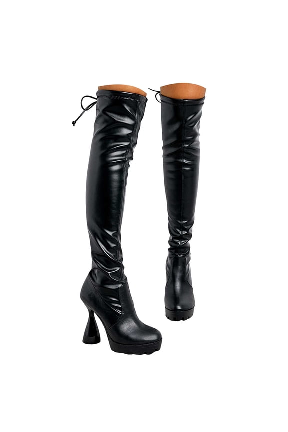 Women Platform Boots Round Toe Over The Knee Bootie Block Heel Zipper Thigh High Boots