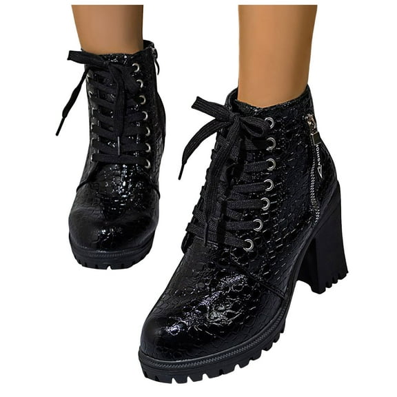 Dakaela Women Platform Combat Ankle Boots Lace up Side Zipper High Heeled Booties Round Toe Chunky Heel Goth Dress Shoes Black 6