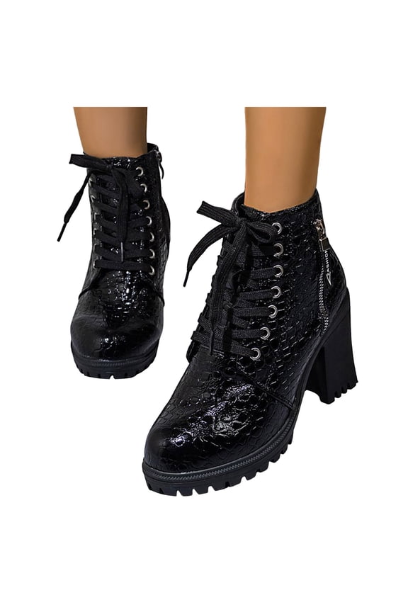 Women Platform Combat Ankle Boots Lace up Side Zipper High Heeled Booties Round Toe Chunky Heel Goth Dress Shoes Black 7