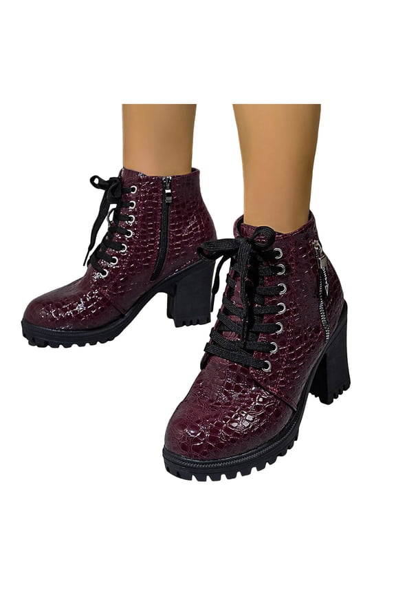 Women Platform Combat Ankle Boots Lace up Side Zipper High Heeled Booties Round Toe Chunky Heel Goth Dress Shoes Wine 7