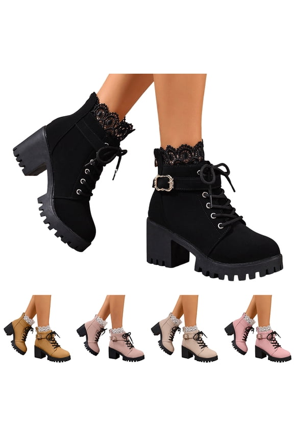 Women Platform Fall Boots Chunky Heel Ankle Combat Booties Lace up Buckle Punk Goth Dress Shoes for Ladies Black 6.5