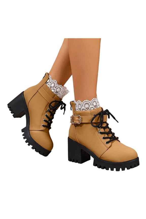 Women Platform Fall Boots Chunky Heel Ankle Combat Booties Lace up Buckle Punk Goth Dress Shoes for Ladies Brown 7