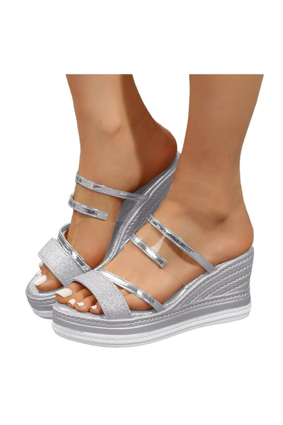 Women Platform Sandals Rhinestone Slip on Espadrille Wedge Slides Summer Comfortable Beach Open Toe Clear High Heels Shoes Silver 8