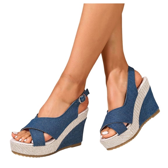 Dakaela Women Platforms Wedge Sandals Denim Chunky High Heels Espadrille Summer Dressy Open Toe Slingback Walking Shoes Size 6.5