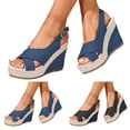 thumbnail image 1 of Dakaela Women Platforms Wedge Sandals Denim Chunky High Heels Espadrille Summer Dressy Open Toe Slingback Walking Shoes Size 6, 1 of 9