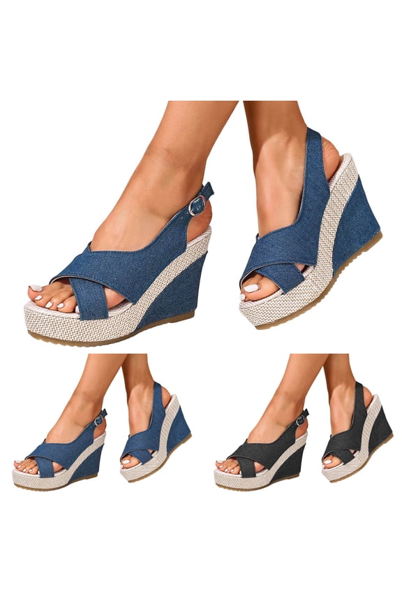 Women Platforms Wedge Sandals Denim Chunky High Heels Espadrille Summer Dressy Open Toe Slingback Walking Shoes Size 6