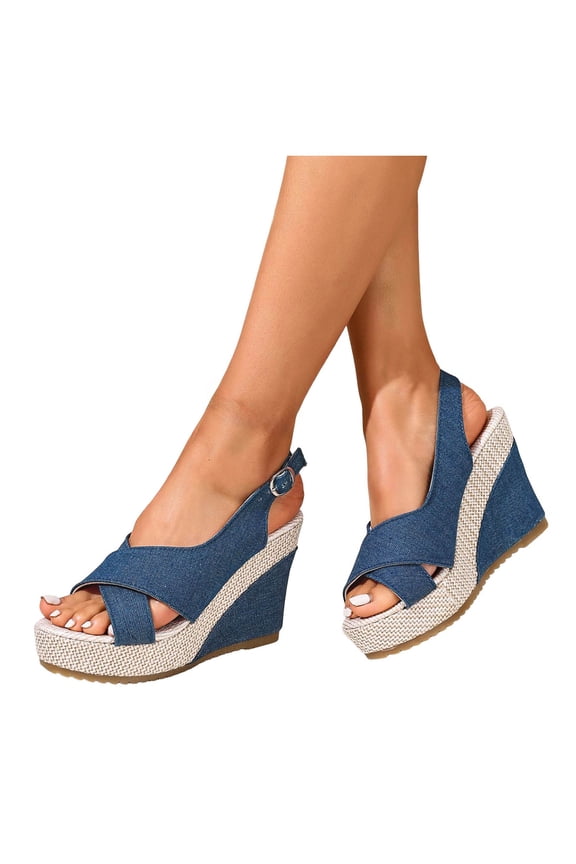 Women Platforms Wedge Sandals Denim Chunky High Heels Espadrille Summer Dressy Open Toe Slingback Walking Shoes Size 9.5