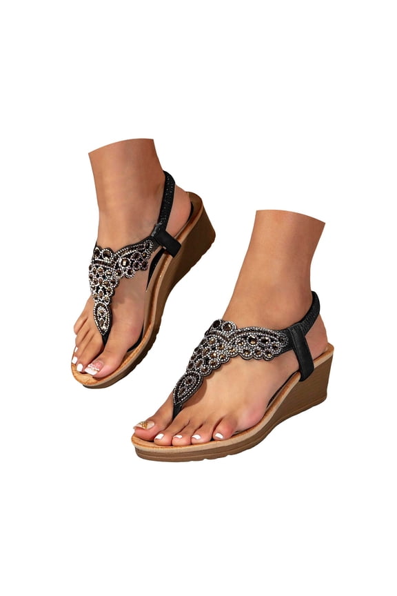Women Rhinestone Sandals T-Strap Bohemian Wedge Sandal Summer Non Slip Walking Shoes Black 8.5
