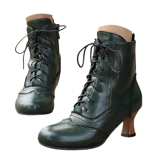Dakaela Women Victorian Boots Round Toe Lace up Ankle Booties Vintage Retro Zipper Witch Costume Shoes