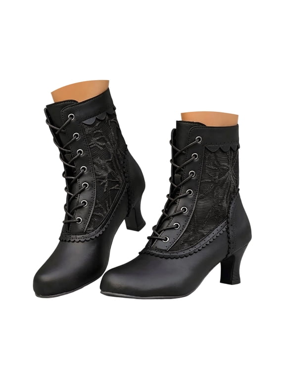 Women Vintage Victorian Boots Lace Up Kitten Heel Witch Granny Ankle Booties Round Toe Ruffled Trim Dance Dress Shoes Size 6‑9.5