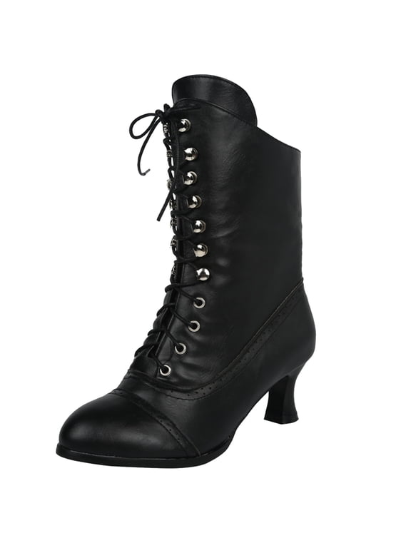 Women Vintage Victorian Boots Lace up Block Heel Witch Granny Ankle Booties Bridal Dress Shoes
