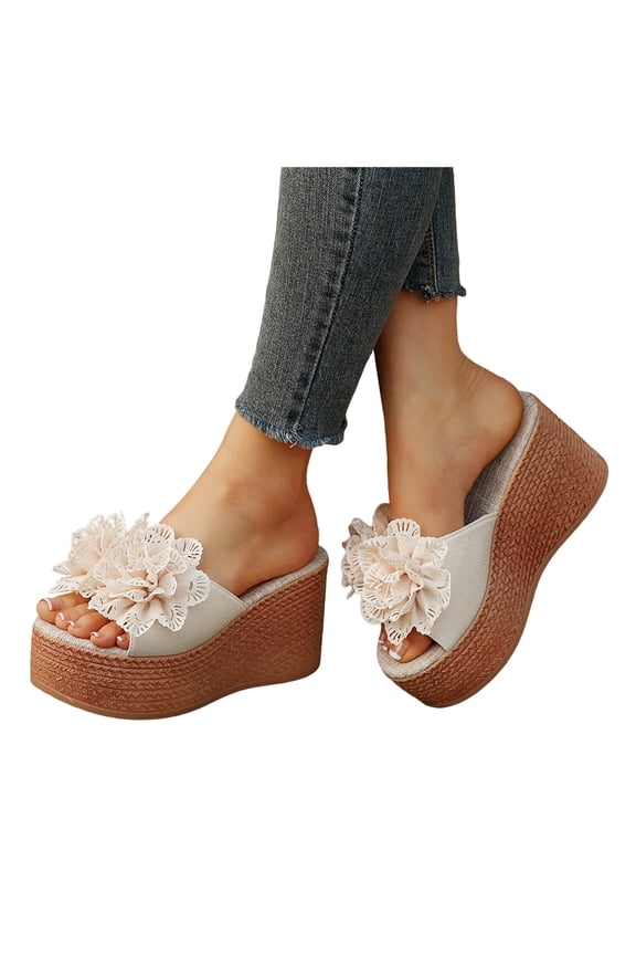 Women's 3D Flower Platform Wedge Sandals Open Toe Non Slip Espadrille Slides Casual Summer Beach Dress Slippers Shoes Beige Size 7.5