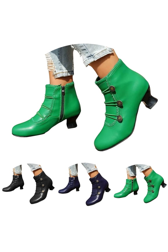 Women's Ankle Boots Block Low Heels Buttons Vintage Fall Booties Round Toe Ladies Dress Work Pumps Shoes Black 6.5