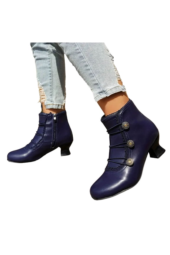 Women's Ankle Boots Block Low Heels Buttons Vintage Fall Booties Round Toe Ladies Dress Work Pumps Shoes Blue 8