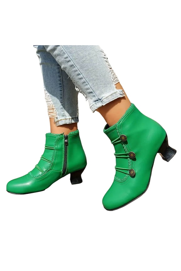 Women's Ankle Boots Block Low Heels Buttons Vintage Fall Booties Round Toe Ladies Dress Work Pumps Shoes Green 7.5