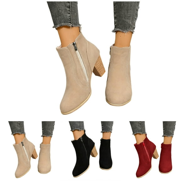 Dakaela Women's Ankle Boots Chunky Heel Platform Heeled Short Booties Suede Fall Winter Dress Shoes with Zipper Black Size 6