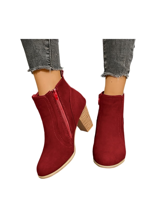 Women's Ankle Boots Chunky Heel Platform Heeled Short Booties Suede Fall Winter Dress Shoes with Zipper Wine Size 7.5