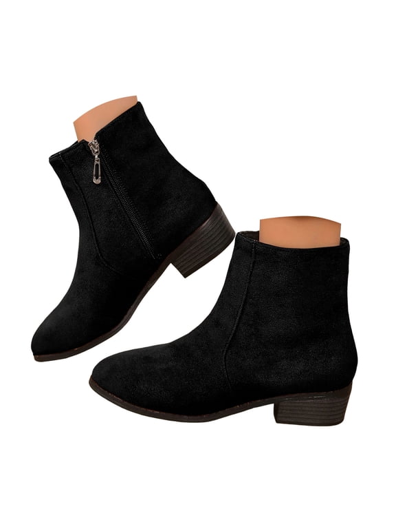 Women's Ankle Boots Chunky Low Heel Short Booties Round Toe Dress Chelsea Shoes with Side Zipper