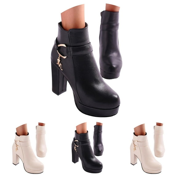 Dakaela Women's Ankle Boots Chunky Stacked Heeled Booties Side Zipper Leather Platform Dress Pumps Shoes Black 6