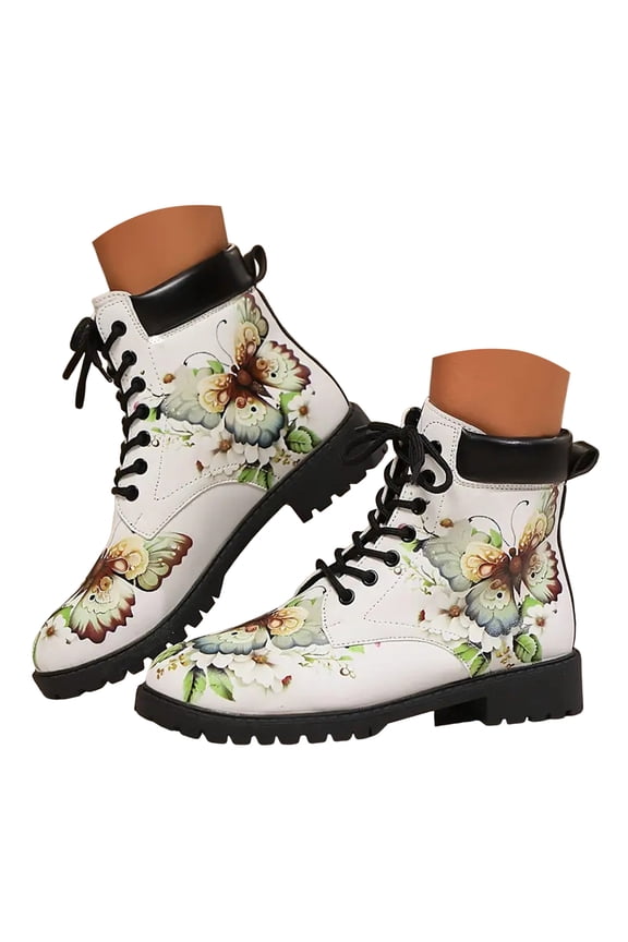 Women's Ankle Boots Lace up Low Heel Flat Combat Booties for Halloween Christmas Festival