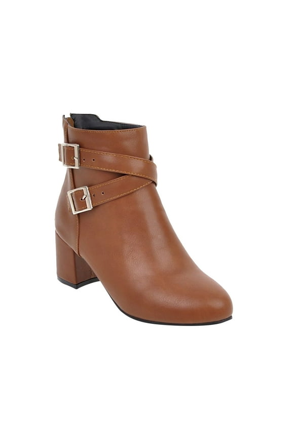 Women's Ankle Boots Round Toe Chunky Heel Dress Short Booties Leather Buckles Winter Work Boot