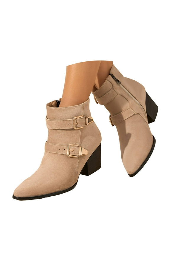 Women's Ankle Boots Stacked Low Chunky Heeled Booties Pointed Toe Buckle Slip on Dress Shoes