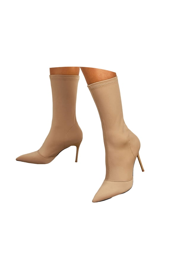 Women's Ankle Boots Stiletto High Heels Sock Booties Sexy Pointed Toe Mid Calf Dress Pumps