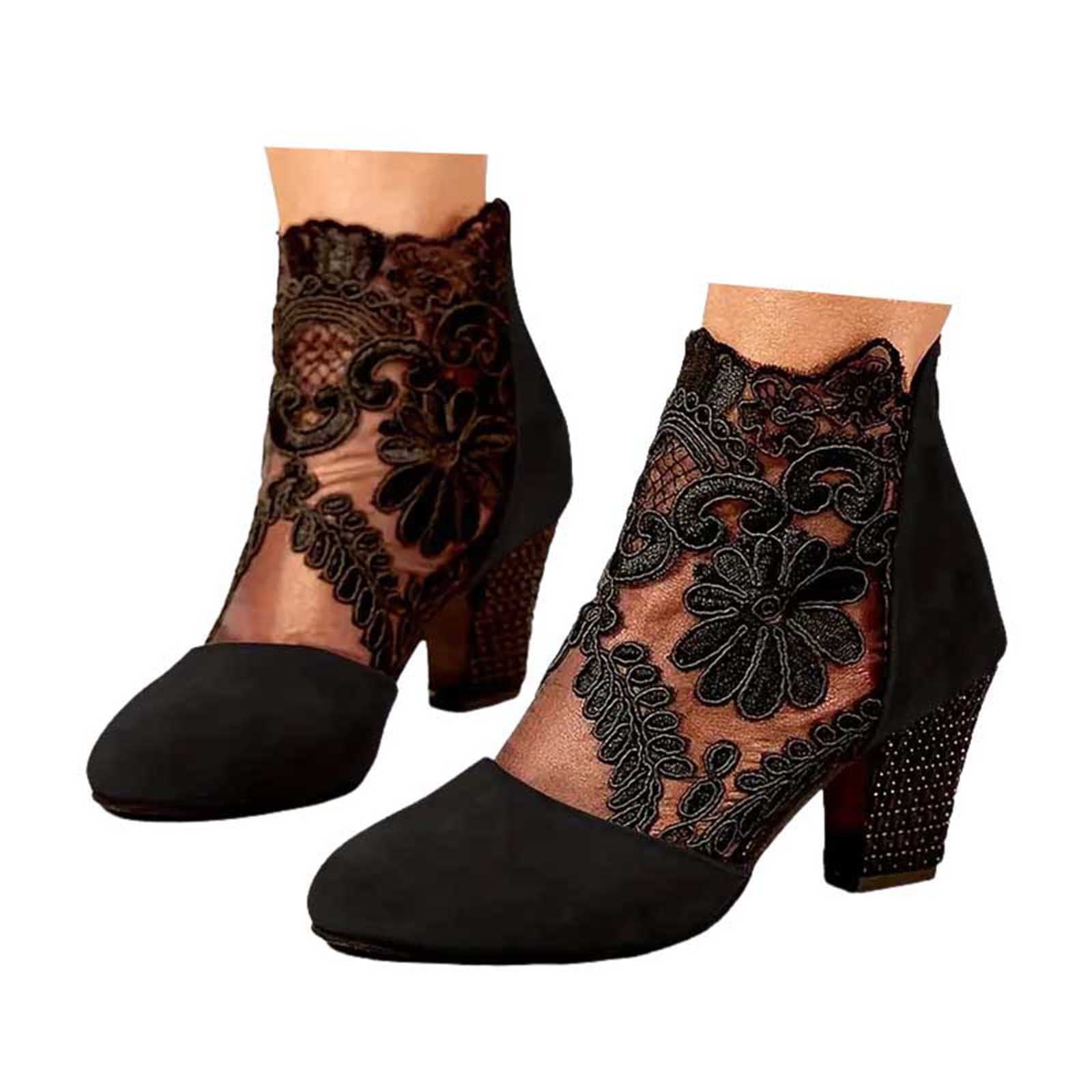 Dakaela Women's Ankle Boots Suede Mesh Floral Closed Toe Lace Booties Embroidery Chunky Heels Sandals Summer Dress Shoes Black 6.5 Dakaela Women's Ankle Boots Suede Mesh Floral Closed Toe Lace Booties Embroidery Chunky Heels Sandals Summer Dress Shoes Black 6.5
