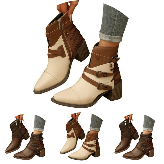 Dakaela Women's Ankle Boots Western Buckles Riding Short Booties Chunky Heel Zipper Dress Mid Calf Boots
