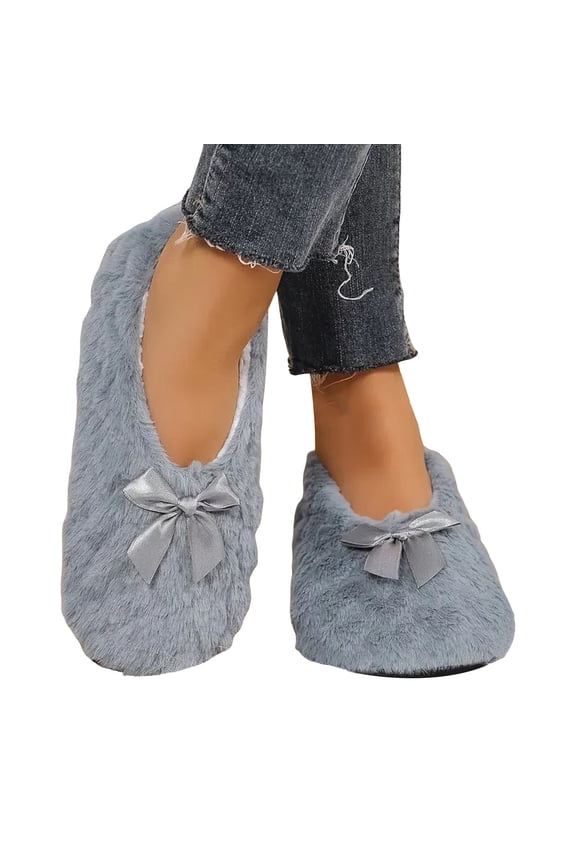 Women's Ballerina Slippers Fuzzy Plush Winter House Shoes Closed Back Indoor Outdoor Slip on Slides with a Satin Bow