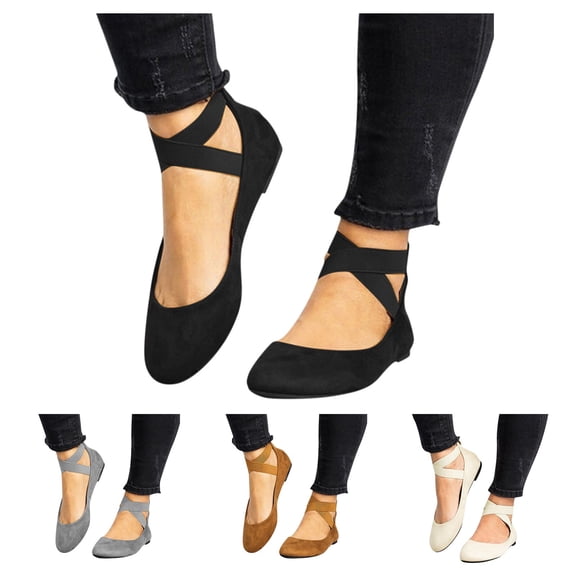 Dakaela Women's Ballet Flats Comfortable Round Toe Slip on Dress Shoes with Elastic Ankle Straps Ladies Casual Driving Walking Loafers Beige 9