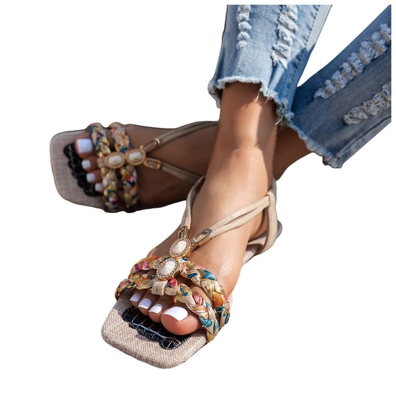 Dakaela Women's Boho Flat Sandals Ankle Strap Square Open Toe Braided Orthopedic Sandal Beach Vacation Dressy Summer Walking Shoes Beige Size 6.5