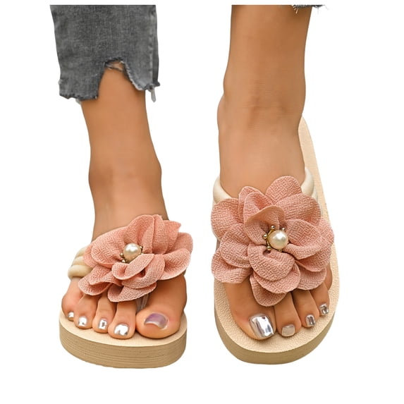 Dakaela Women's Bow Knot Flip Flops Platform Open Toe Dressy Thong Sandals 2026 Comfortable Floral Summer Beach Slides Shoes Pink Size 7.5