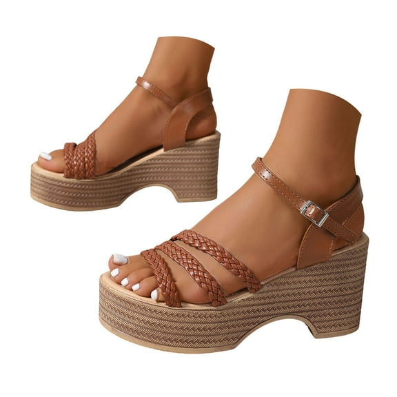 Dakaela Women's Braided Platform Sandals Non Slip Strappy Wedge Walking Slip on Shoes Brown 6.5