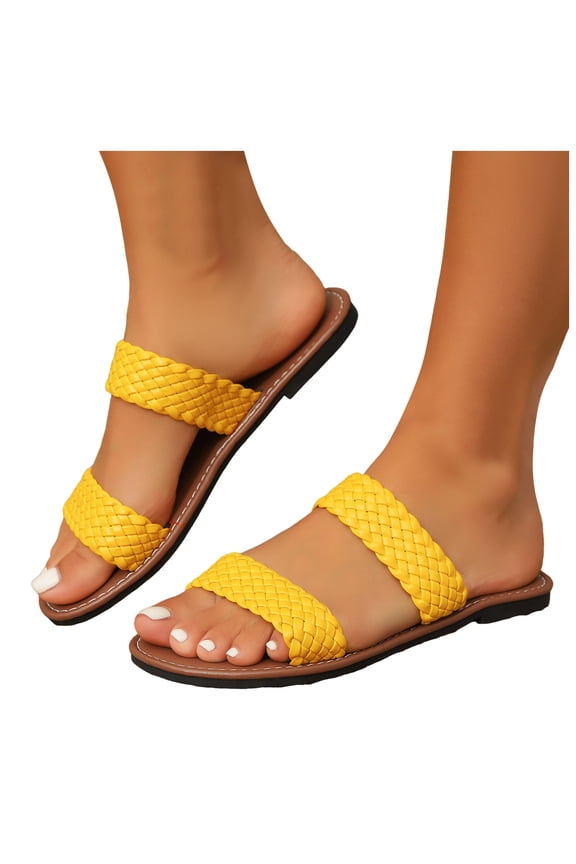 Women's Braided Slide Sandals Round Open Toe Two Band Slip on Flat Sandal Ladies Casual Summer Beach Slippers Shoes Size 6-10 Yellow